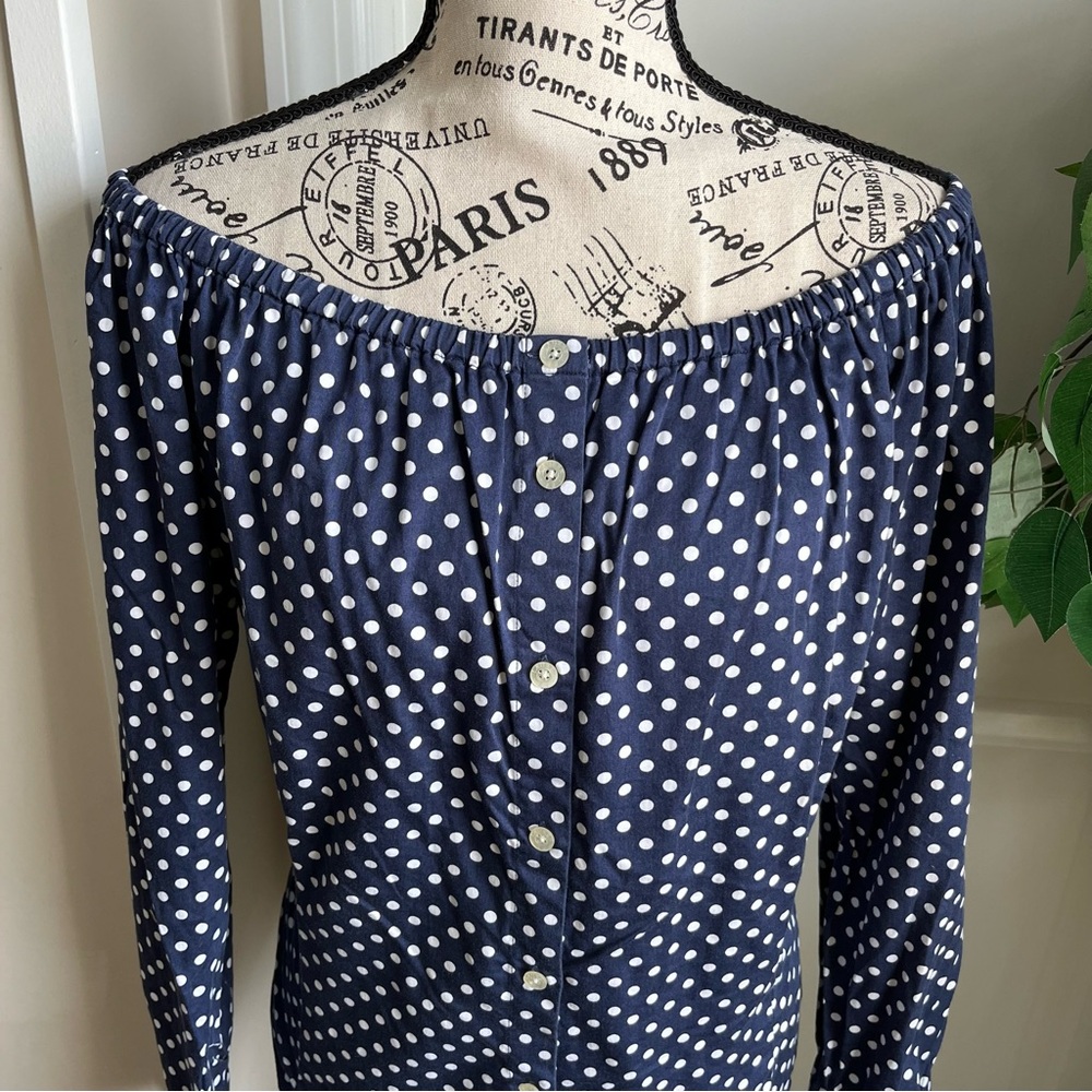 Lauren Ralph Lauren Off Shoulder Polka Dot Button Down Top Blue Sz M - Picture 4 of 15